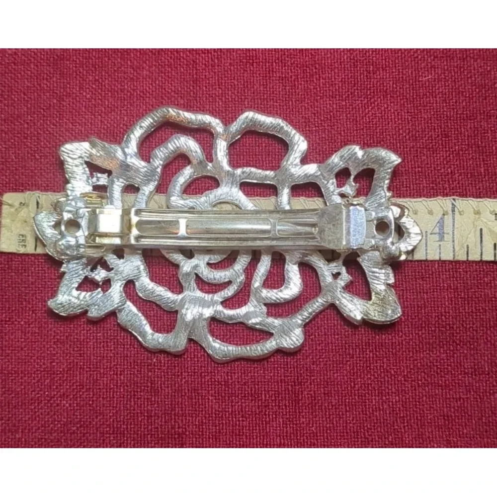 Vntg Style Large‎ Rhinestone Rose Flower Hair Barrette Clip Wedding Formal Prom - Picture 6 of 7
